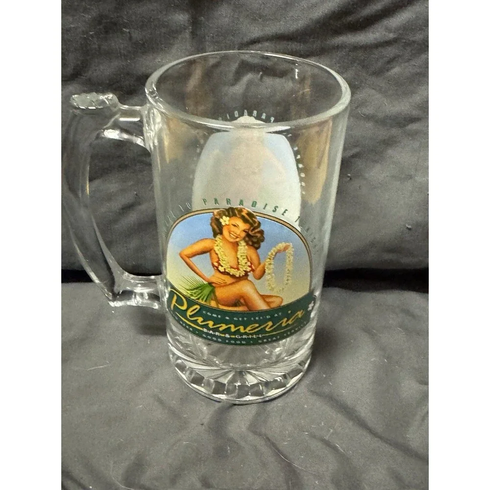 Come Get Lei'd At The Plumeria Bar And Grill Beer Mug Glass Hula Girl Tiki